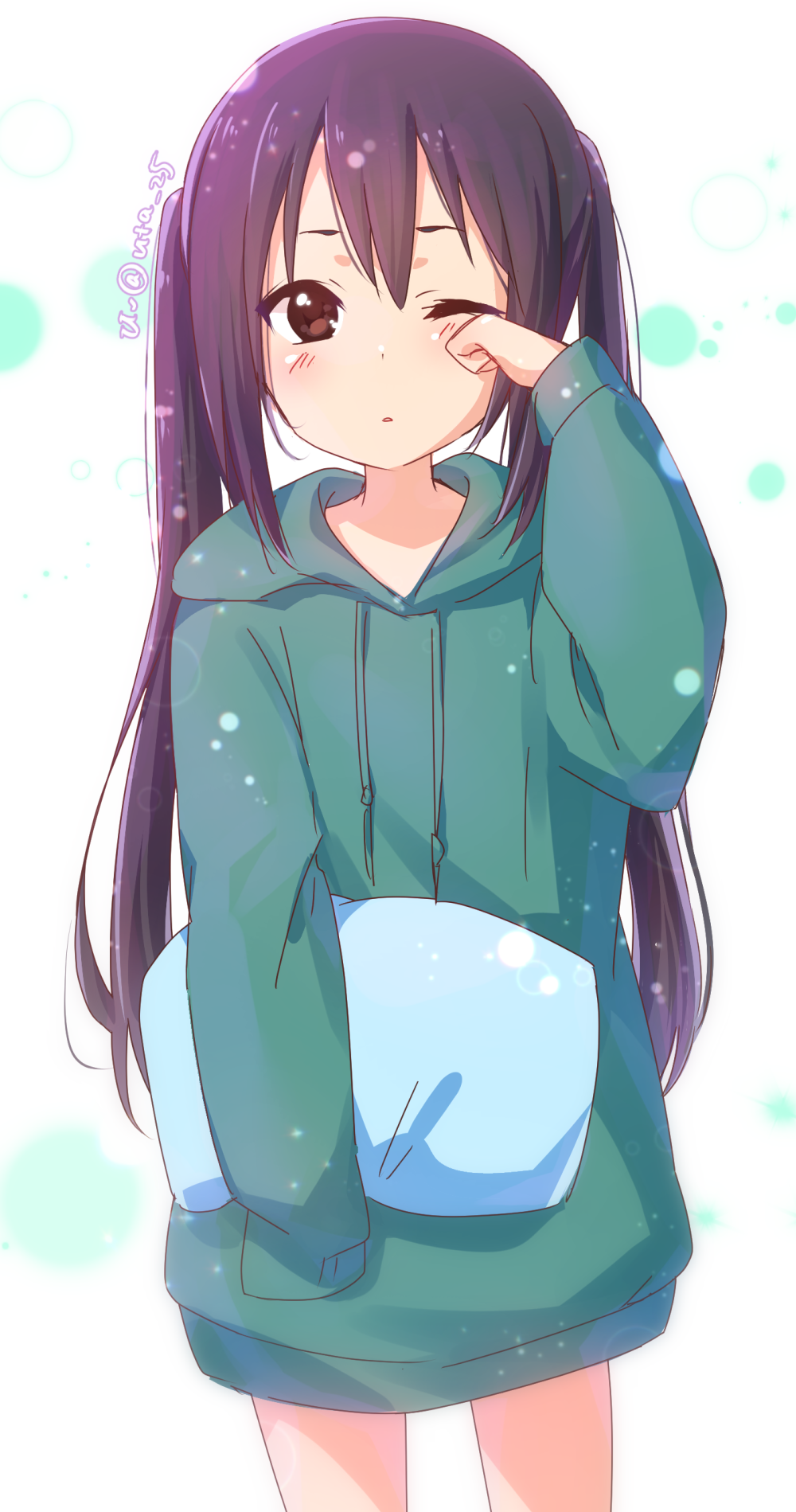 1girl, black_hair, brown_eyes, circle, green_hoodie, hair_between_eyes, highres, hood