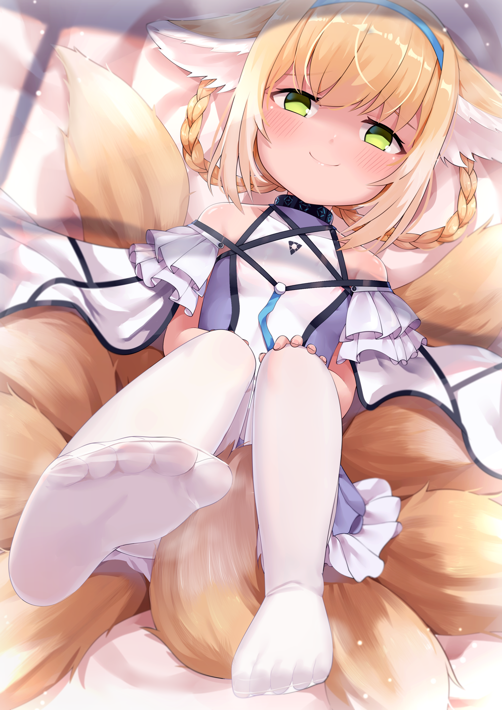 1girl, animal_ears, arknights, blonde_hair, blue_hairband, braid, braided_hair_rings, feet