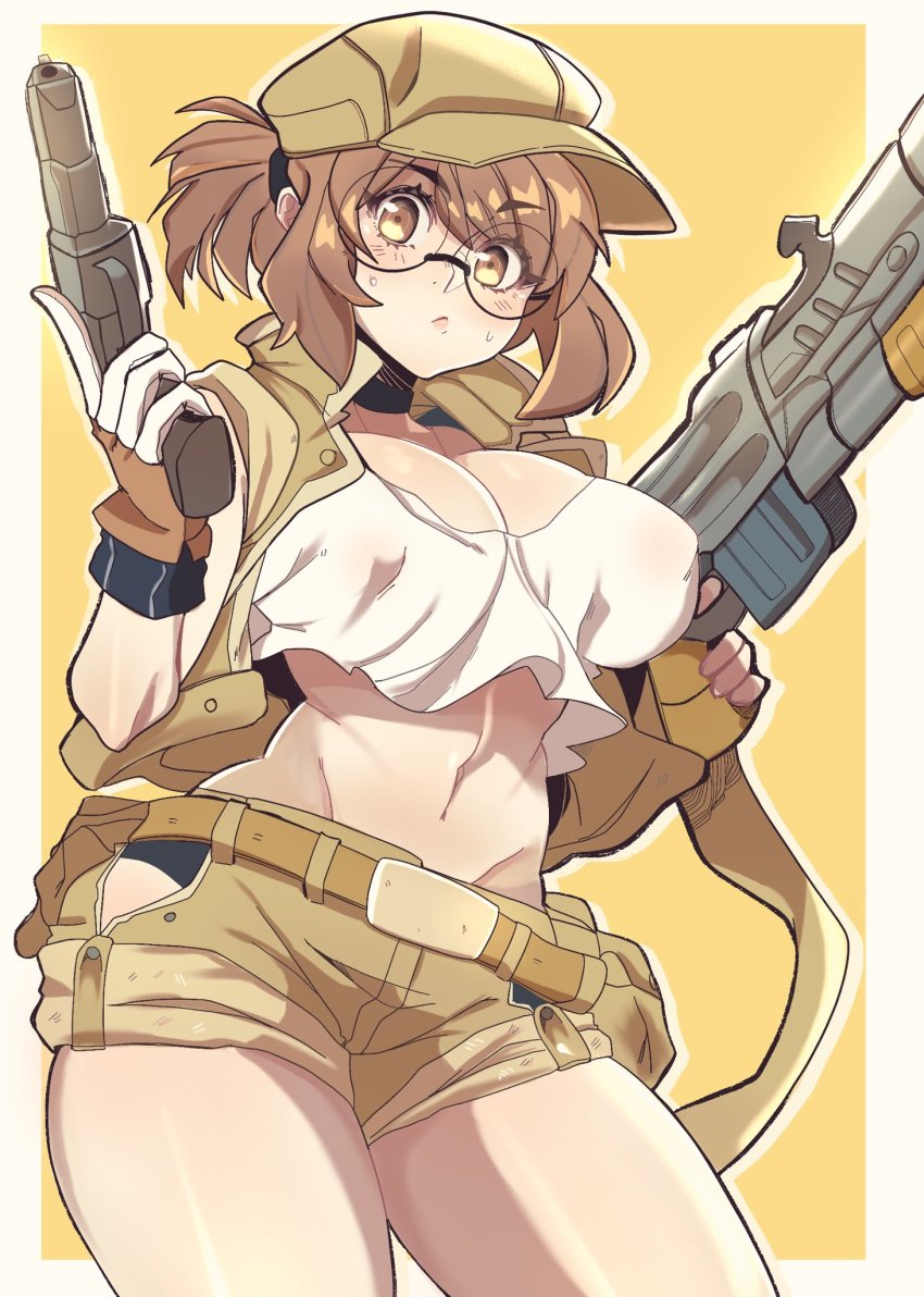 1girl, baseball_cap, belt, breasts, cleavage, fingerless_gloves, fio_germi, glasses, gloves, gun, hat, heavy_machine_gun, highres, large_breasts, looking_at_viewer, machine_gun, metal_slug, midriff, round_eyewear, simple_background, solo, weapon, white_background, yoshiikirablr