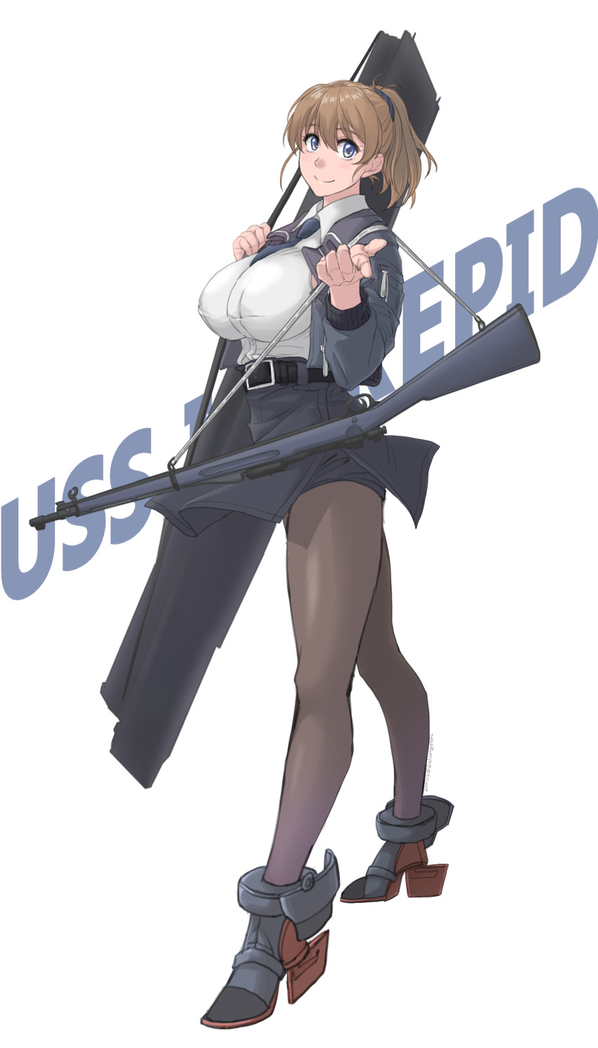 1girl, absurdres, belt, belt_buckle, black_belt, black_necktie, black_skirt, blue_eyes