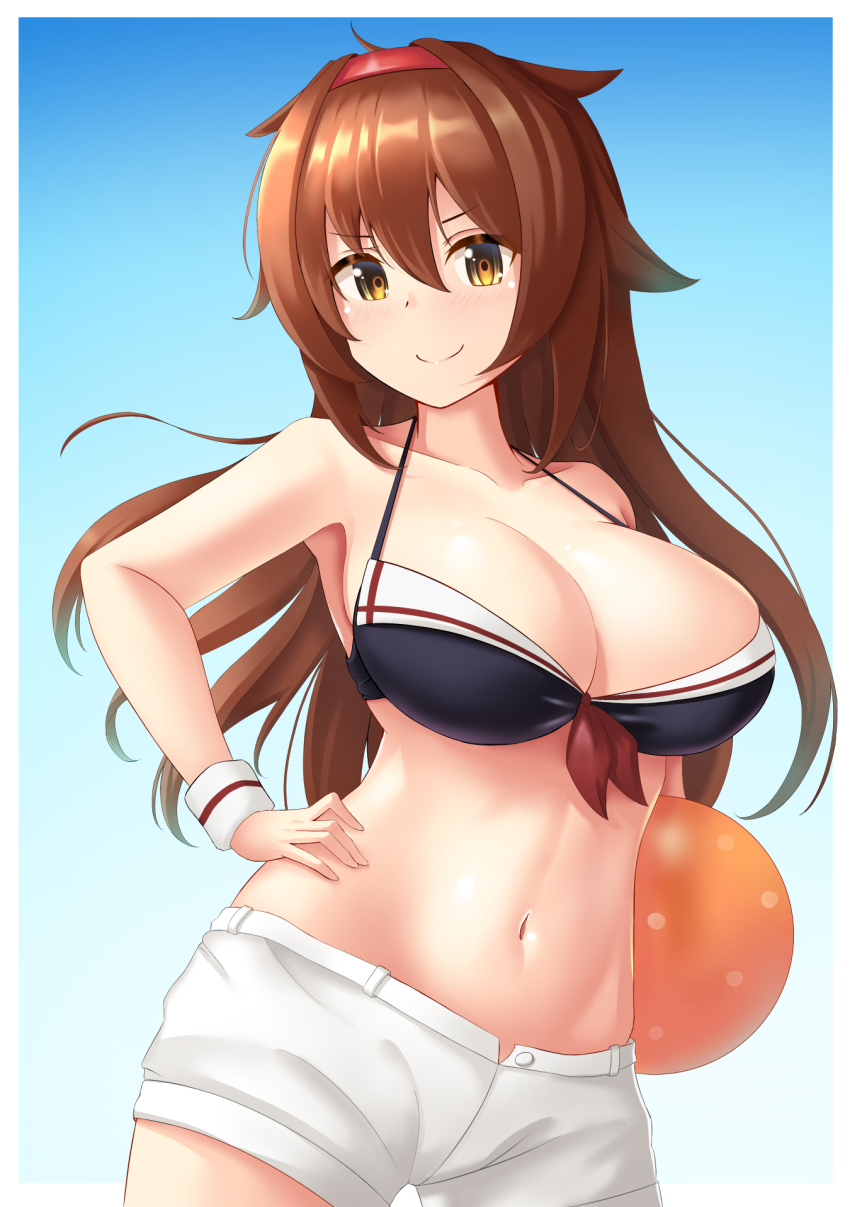 1girl, bad_id, bad_pixiv_id, ball, beachball, bikini, bikini_top_only, blue_background