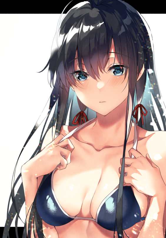 1girl, ahoge, bare_arms, bare_shoulders, bikini, black_hair, blue_bikini, blue_eyes
