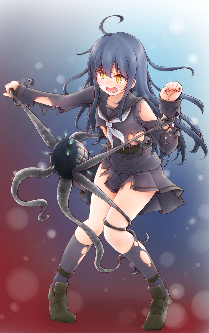 1girl, abyssal_ship, ahoge, black_footwear, black_hair, black_sailor_collar, black_serafuku, black_skirt