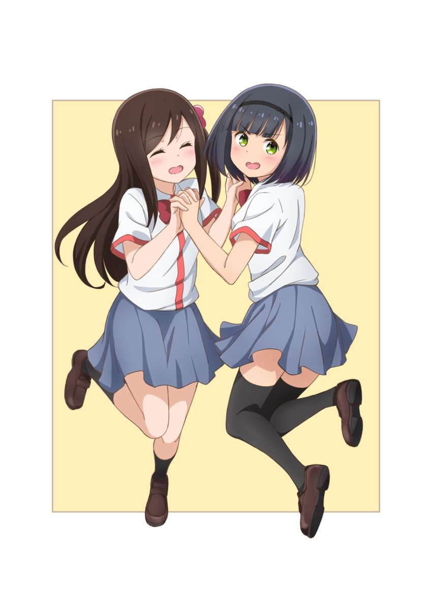 2girls, :d, black_hairband, black_socks, black_thighhighs, blunt_bangs, blush, brown_footwear