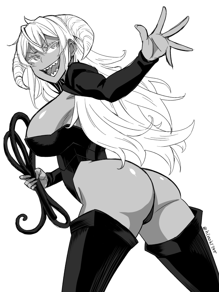 1girl, ass, dark_skin, dark-skinned_female, female_focus, greyscale, hinoki_(hinoki-buro), horns, jikan_teishi_yuusha, long_hair, monochrome, solo, standing, whip, zaraza