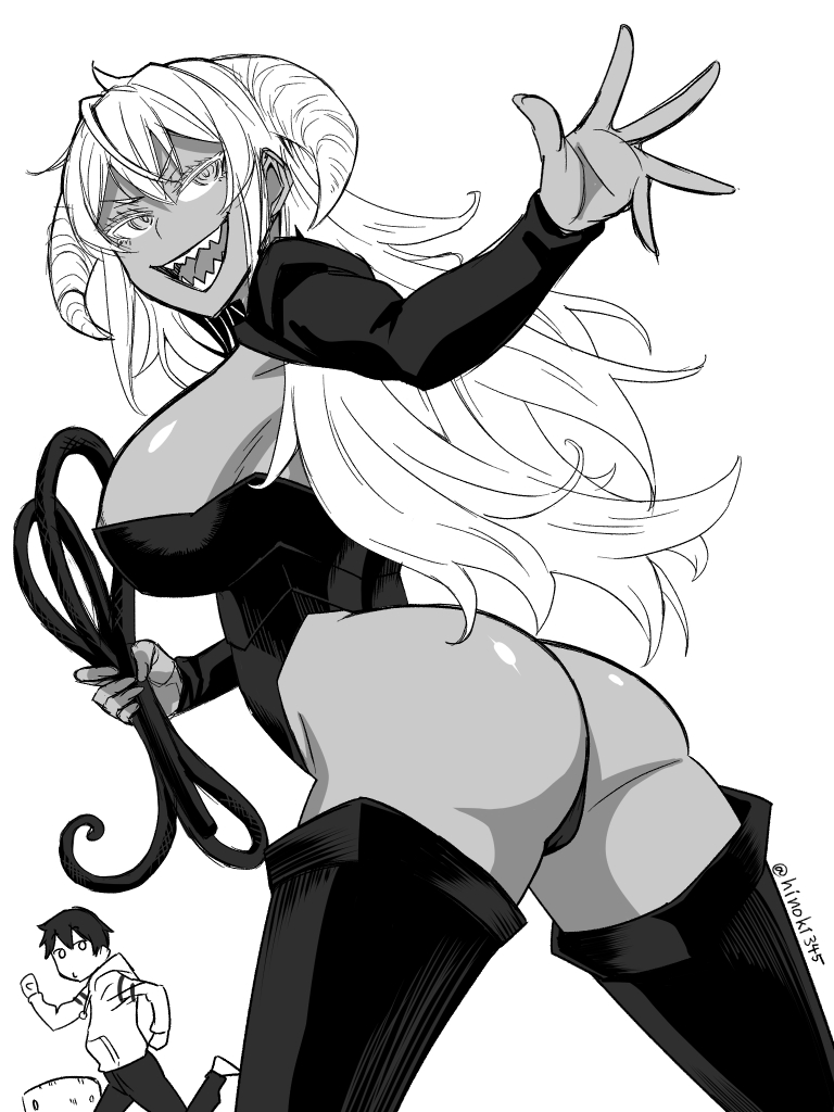 1girl, ass, dark_skin, gankichi, greyscale, hinoki_(hinoki-buro), horns, jikan_teishi_yuusha, kuzuno_sekai, long_hair, monochrome, standing, whip, zaraza