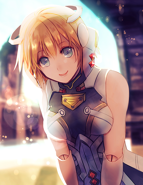 1girl, bare_arms, bare_shoulders, blonde_hair, breasts, day, doll_joints, fiora_(xenoblade)