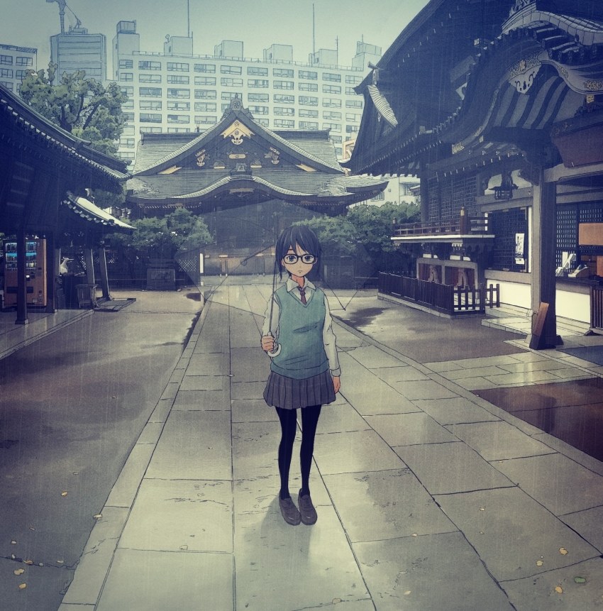 1girl, black_hair, black_pantyhose, building, bush, city, cloud, cloudy_sky