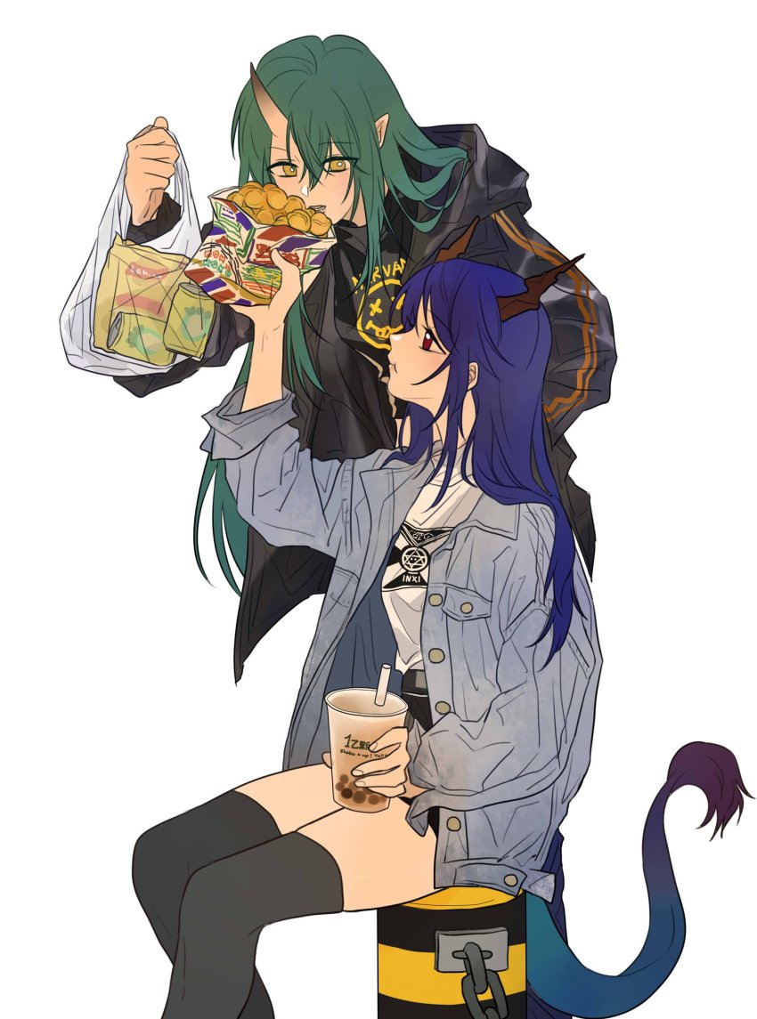 2girls, :t, alternate_costume, alternate_hairstyle, arknights, bag, band_shirt, black_jacket, black_legwear, black_shirt, black_shorts, blue_hair, blue_jacket, blue_pants, breasts, bubble_tea, casual, ch'en_(arknights), chips_(food), closed_mouth, commentary, cowboy_shot, cup, denim, denim_jacket, dragon_horns, dragon_tail, drink, drinking_straw, eating, egg_waffle, feeding, food, green_hair, hair_between_eyes, hair_down, highres, holding, holding_bag, holding_cup, holding_drink, hood, hooded_jacket, horns, hoshiguma_(arknights), jacket, latutou1, long_hair, medium_breasts, merchandise, multiple_girls, nirvana_(band), open_clothes, open_jacket, open_mouth, pants, plastic_bag, pointy_ears, potato_chips, red_eyes, shirt, short_shorts, shorts, simple_background, single_horn, sitting, skin-covered_horns, small_breasts, standing, straight_hair, untranslatable_commentary, tail, thighhighs, thighs, white_background, white_shirt, yellow_eyes