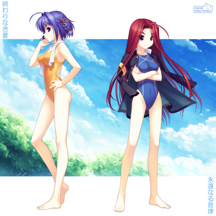 2girls, bad_id, bad_pixiv_id, barefoot, blue_eyes, blue_hair, braid, competition_swimsuit