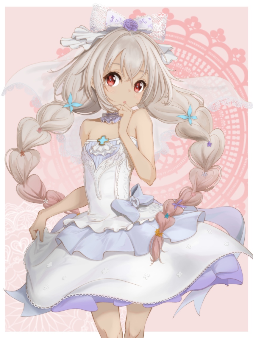 1girl, :o, absurdres, bad_id, bad_pixiv_id, bare_shoulders, blue_bow, bow