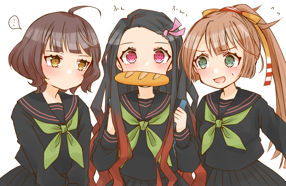 ..., 3girls, ahoge, alternate_costume, backpack, bag, baguette, black_hair