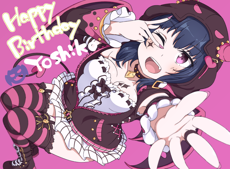 1girl, ;), alternate_hairstyle, artist_name, artist_request, bare_shoulders, belt_boots, black_boots