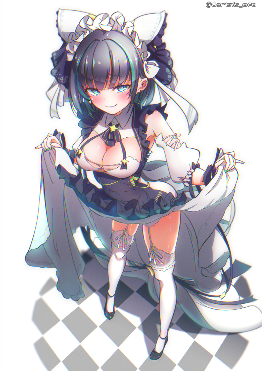 1girl, a.f.o, animal_ears, apron, aqua_eyes, aqua_hair, aqua_nails, azur_lane