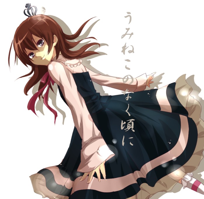 00s, 1girl, bad_id, bad_pixiv_id, black_dress, brown_hair, chako, chako_(chakoxxx), copyright_name, crown, dress, female_focus, looking_back, purple_eyes, short_hair, smile, solo, umineko_no_naku_koro_ni, ushiromiya_maria, white_background