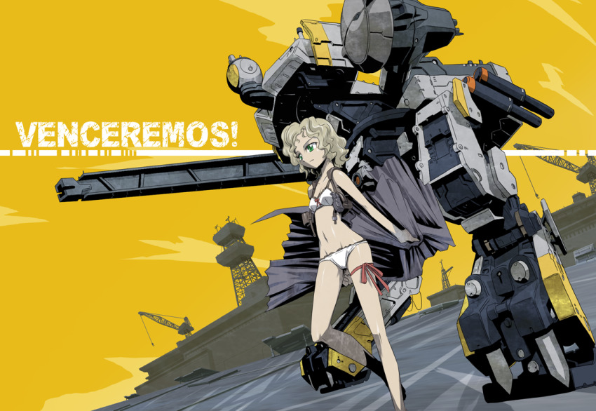 1girl, anniversary, bikini, blonde_hair, blue_eyes, cannon, cloak, from_below, leg_ribbon, magnetic_weapon, mecha, metal_gear_(series), metal_gear_solid:_peace_walker, metal_gear_zeke, paz_ortega_andrade, railgun, ribbon, robot, spanish_text, swimsuit, thigh_ribbon, weapon, white_bikini, yabe_makoto