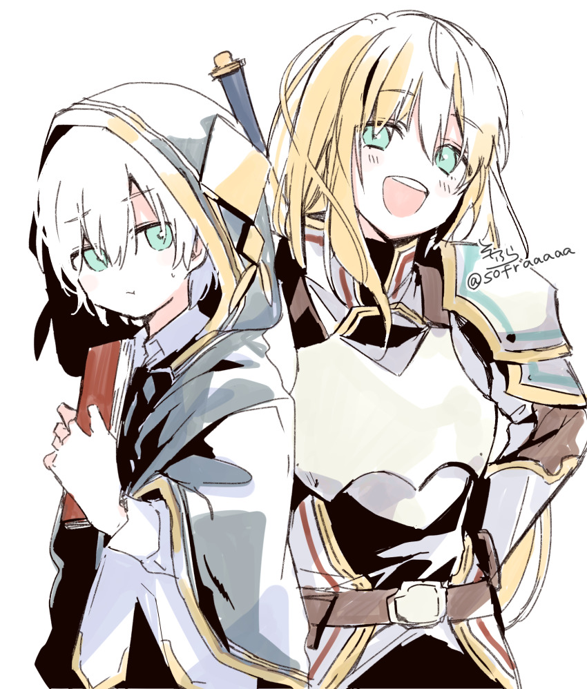 1boy, 1girl, :d, :t, armor, ars_almal, ars_almal_(1st_costume), bad_id