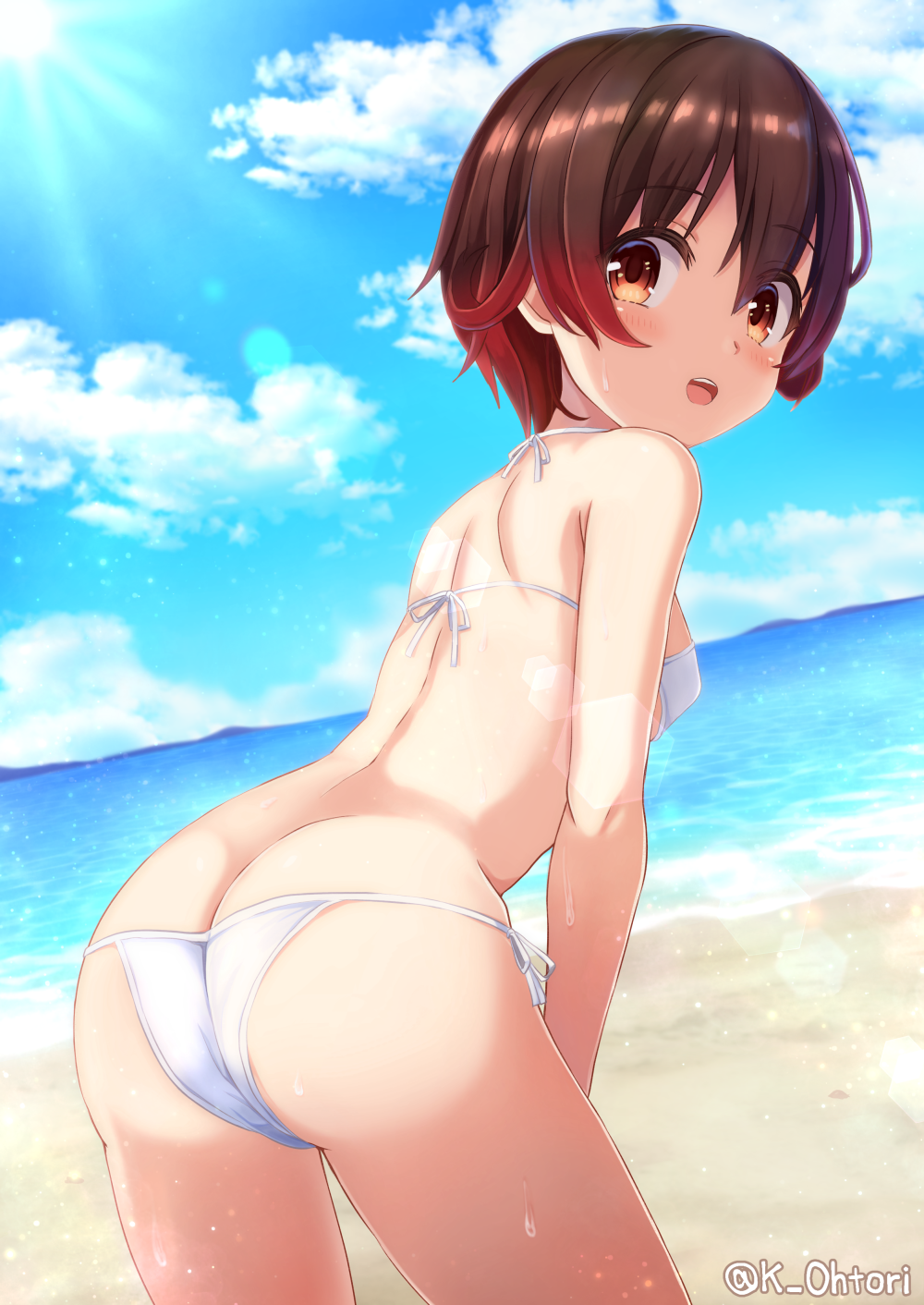1girl, beach, bikini, blue_sky, brown_eyes, brown_hair, butt_crack, cloud, commentary_request, day, dutch_angle, from_behind, gradient_hair, hair_between_eyes, halterneck, highres, horizon, kantai_collection, leaning_forward, looking_back, multicolored_hair, mutsuki_(kancolle), ocean, ootori_(kyoya-ohtori), outdoors, red_hair, short_hair, side-tie_bikini_bottom, sky, solo, string_bikini, swimsuit, teeth, twitter_username, upper_teeth_only, water, white_bikini