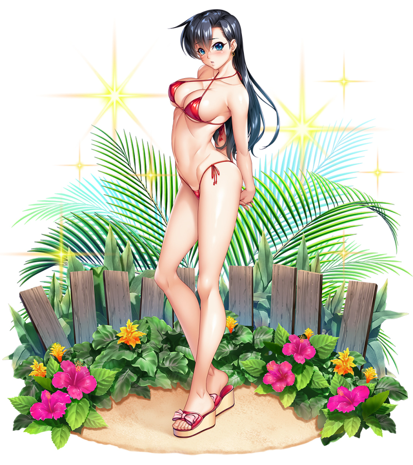 1girl, arms_behind_back, bikini, black_hair, blue_eyes, blush, breasts, cleavage