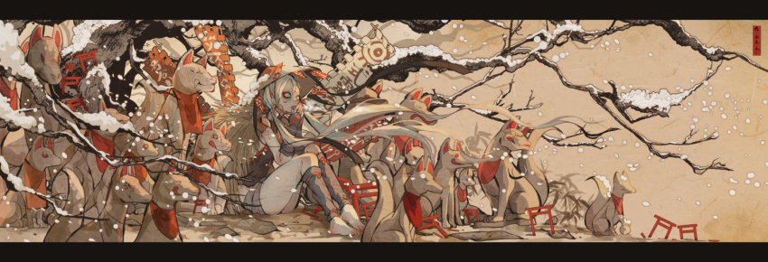 1girl, ajirogasa, aqua_eyes, banner, barefoot, bib, black_shirt, body_blush