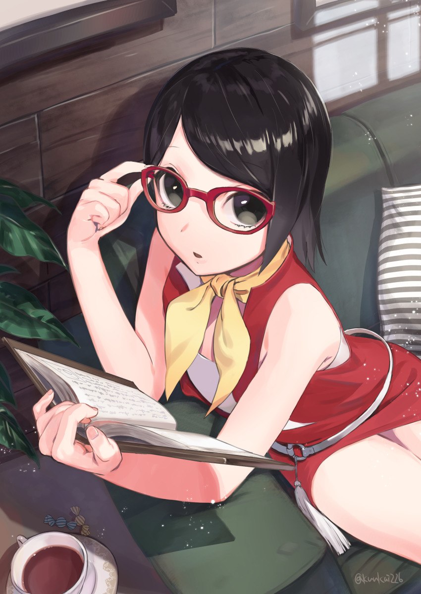 1girl, absurdres, artist_name, bare_arms, bare_shoulders, black_eyes, black_hair, book, boruto:_naruto_next_generations, commentary_request, cup, glasses, highres, holding, holding_book, jacket, kuukai_(adexi), looking_at_viewer, naruto_(series), open_book, parted_lips, pillow, red-framed_eyewear, red_jacket, short_hair, sitting, solo, striped_pillow, teacup, uchiha_sarada, wooden_wall