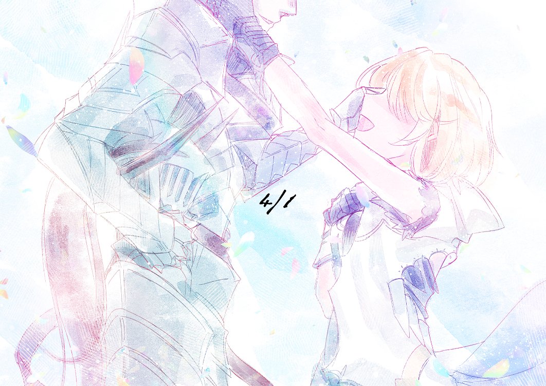 1boy, 1girl, armor, backless_outfit, blonde_hair, commentary_request, full_armor, gauntlets