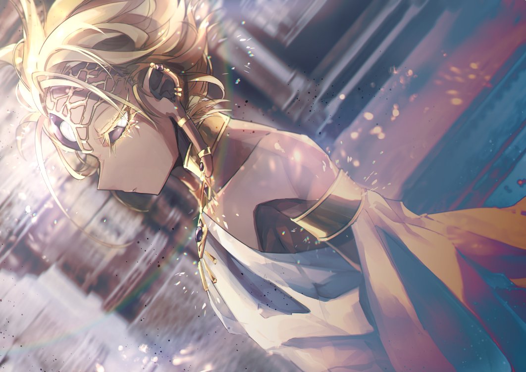 1boy, armlet, black_sclera, blonde_hair, colored_eyelashes, colored_sclera, commentary_request, dark_skin