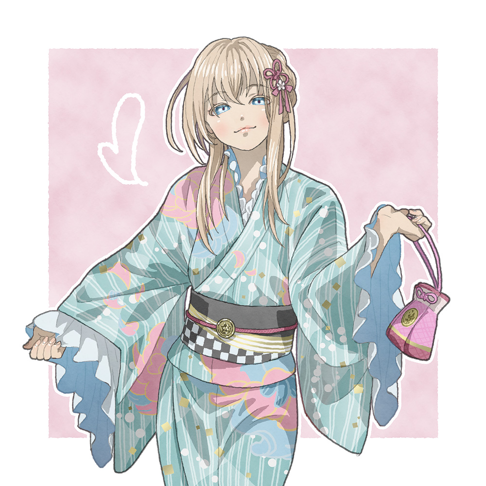 1boy, bag, blonde_hair, blue_eyes, chagashi, frilled_sleeves, frills, hair_ornament, handbag, heart, japanese_clothes, kimono, male_focus, midare_toushirou, official_alternate_costume, smile, touken_ranbu, trap, yukata