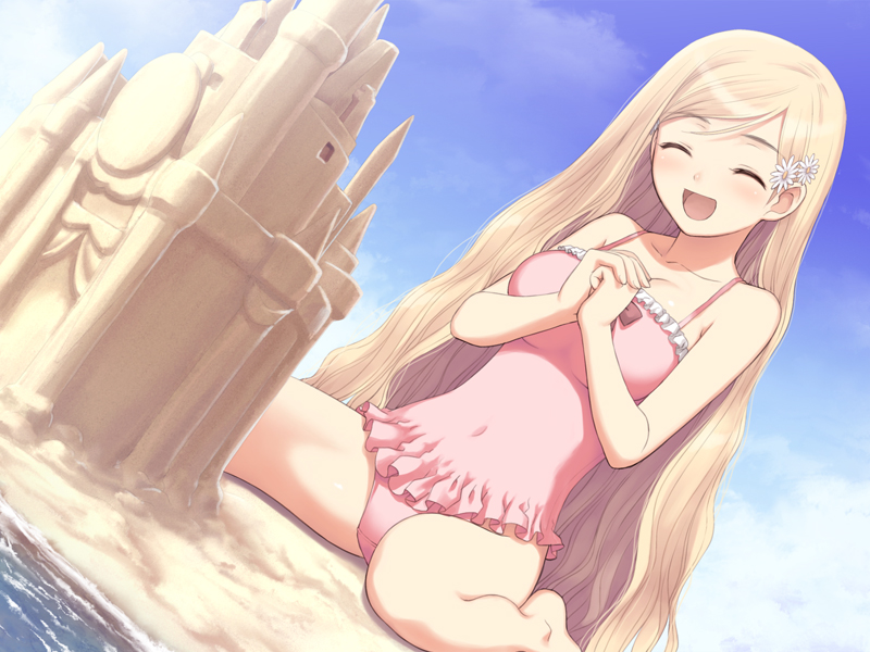 00s, 1girl, barefoot, beach, blonde_hair, blush, building_sand_sculpture, closed_eyes