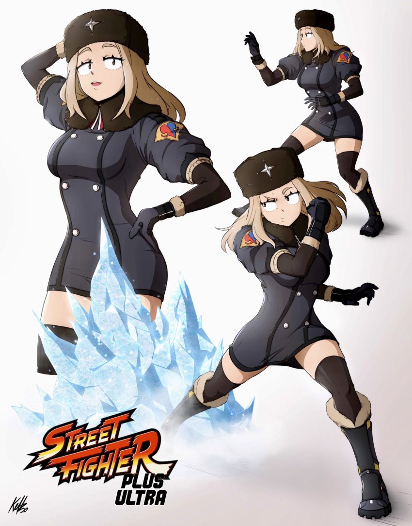 1girl, black_gloves, blonde_hair, boku_no_hero_academia, breasts, coat, cosplay, fur_hat