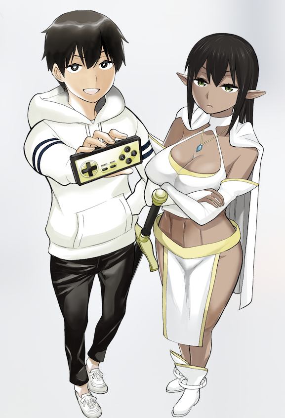 1boy, 1girl, black_hair, breasts, cleavage, controller, crossed_arms, dark_elf