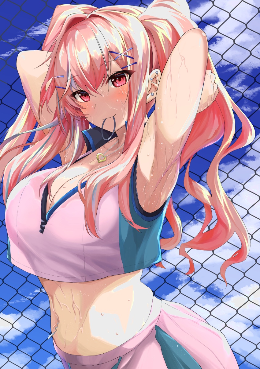 1girl, absurdres, armpits, arms_behind_head, azur_lane, bare_shoulders, black_bra, blue_sky, blush, bra, breasts, bremerton_(azur_lane), bremerton_(scorching-hot_training)_(azur_lane), chain-link_fence, cleavage, cloud, collarbone, collared_shirt, commentary_request, cowboy_shot, crop_top, crop_top_overhang, day, fence, green_skirt, grey_hair, groin, hair_between_eyes, hair_intakes, hair_ornament, hair_tie_in_mouth, hairclip, heart, heart_necklace, highres, jewelry, large_breasts, long_hair, looking_at_viewer, midriff, mouth_hold, multicolored_hair, navel, navel_piercing, necklace, no_mole, ogata_(ogt_illust), piercing, pink_eyes, pink_hair, see-through_clothes, shirt, sidelocks, skirt, sky, sleeveless, sleeveless_shirt, smile, solo, sportswear, standing, streaked_hair, sweat, tennis_uniform, twintails, two-tone_shirt, two-tone_skirt, tying_hair, underwear, wet, wet_clothes, wet_shirt, white_shirt, white_skirt, x_hair_ornament