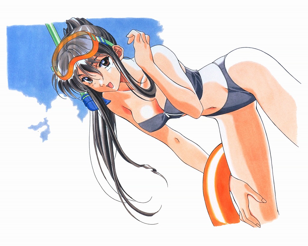 1990s_(style), 1girl, :d, bare_arms, bare_legs, bare_shoulders, bent_over, bikini, black_hair, blush, breasts, brown_eyes, cleavage, cloud, collarbone, diving_mask, dutch_angle, female_focus, goggles, grey_bikini, hair_between_eyes, hand_on_own_leg, hand_up, happy, innertube, kai_tomohisa, legs, long_hair, looking_at_viewer, matsuoka_chie, medium_breasts, navel, non-web_source, open_mouth, ponytail, retro_artstyle, sentimental_graffiti, sky, smile, snorkel, solo, stamp, strapless, strapless_bikini, swim_ring, swimsuit, tomohisa_kai