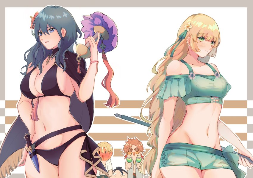 2girls, 3boys, bikini, black_bikini, black_hair, blonde_hair, blood, blue_eyes, blue_hair, breasts, cleavage, closed_mouth, cup, dagger, dimitri_alexandre_blaiddyd, felix_hugo_fraldarius, female_byleth_(fire_emblem), female_byleth_(summer)_(fire_emblem), fire_emblem, fire_emblem:_three_houses, fire_emblem_heroes, flower, frelyaskn, glass, green_eyes, hair_flower, hair_ornament, highres, holding, holding_cup, ingrid_brandl_galatea, ingrid_brandl_galatea_(summer), knife, large_breasts, long_hair, medium_breasts, midriff, multiple_boys, multiple_girls, nintendo, nosebleed, off-shoulder_bikini, off_shoulder, official_alternate_costume, open_mouth, parted_lips, polearm, red_hair, sheath, sheathed, short_hair, sunglasses, swimsuit, sylvain_jose_gautier, sylvain_jose_gautier_(summer), weapon
