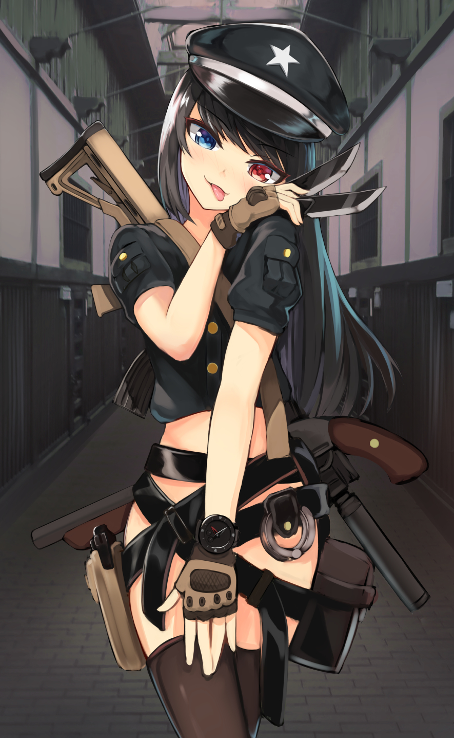 1girl, belt, black_hair, blue_eyes, blush, fingerless_gloves, gun, gloves
