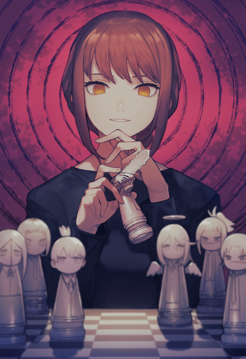 1girl, angel_devil_(chainsaw_man), bad_id, bad_twitter_id, black_dress, board_game, braid, braided_ponytail