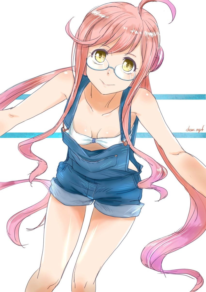 1girl, ahoge, aqua-framed_eyewear, bra, breasts, cleavage, commentary_request, cowboy_shot, double_bun, downblouse, glasses, hair_bun, highres, kantai_collection, kote_(dew), leaning_forward, looking_at_viewer, looking_over_eyewear, makigumo_(kancolle), one-hour_drawing_challenge, overall_shorts, overalls, pink_hair, semi-rimless_eyewear, small_breasts, solo, standing, strapless, strapless_bra, striped_background, twintails, under-rim_eyewear, underwear, white_background, white_bra, yellow_eyes