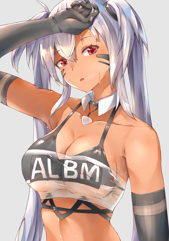 1girl, :o, alabama_(azur_lane), arm_on_own_head, armpits, azur_lane, bad_id, bad_pixiv_id