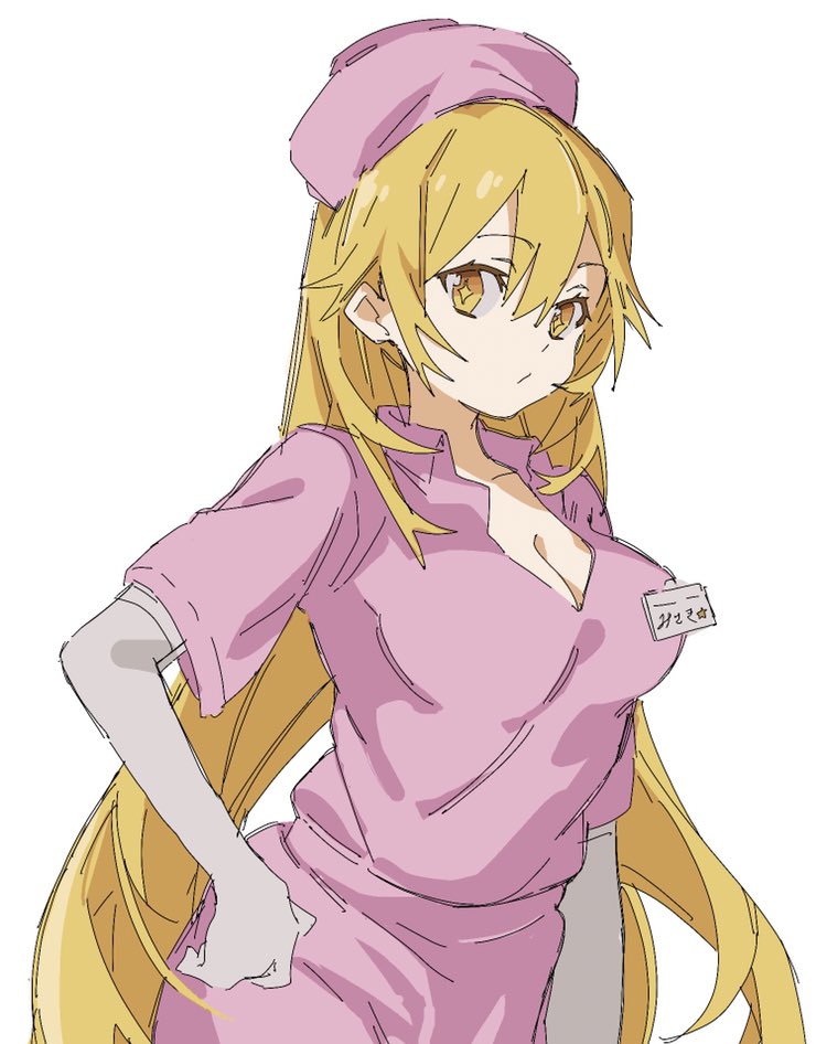 +_+, 1girl, bad_id, bad_twitter_id, blonde_hair, breasts, cleavage, cowboy_shot