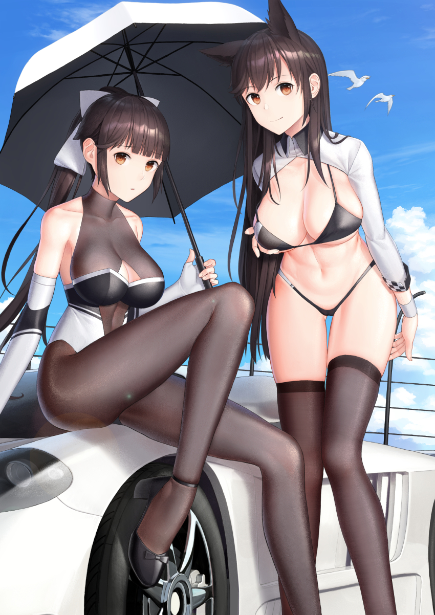 2girls, animal_ears, ankle_strap, artist_name, atago_(azur_lane), atago_(stunning_speedster)_(azur_lane), azur_lane, bare_shoulders, bikini, bikini_tug, bird, black_bikini, black_bow, black_hair, blue_sky, blush, bodystocking, bow, breasts, brown_eyes, car, checkered_flag, cleavage, cleavage_cutout, closed_mouth, clothing_cutout, cloud, cloudy_sky, collarbone, commentary_request, day, extra_ears, feet_out_of_frame, fine_fabric_emphasis, flag, footwear_bow, gluteal_fold, hair_flaps, high_heels, highleg, highleg_bikini, highres, impossible_clothes, kep_(ahokep), large_breasts, leotard, logo, long_hair, long_sleeves, looking_at_viewer, midriff, mole, mole_under_eye, motor_vehicle, multicolored_bikini, multicolored_leotard, multiple_girls, navel, official_alternate_costume, on_car, outdoors, pantyhose, ponytail, race_queen, ribbon, saleen, saleen_s7, seagull, shrug_(clothing), sidelocks, sitting, skindentation, sky, sleeve_cuffs, smile, standing, stomach, strap_gap, strappy_heels, swept_bangs, swimsuit, takao_(azur_lane), takao_(full_throttle_charmer)_(azur_lane), thighhighs, two-tone_bikini, two-tone_leotard, unitard, very_long_hair, white_bow, white_footwear, white_ribbon, wolf_ears, wrist_cuffs
