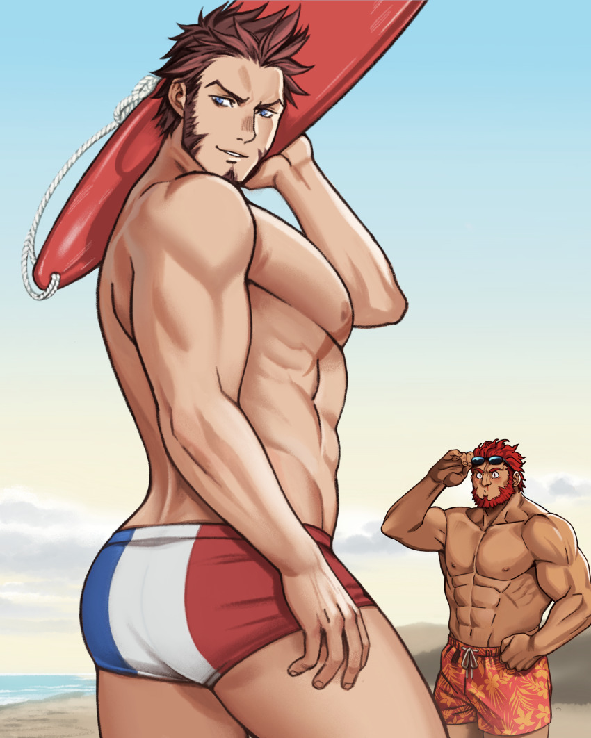 2boys, abs, absurdres, alternate_costume, ass, ass_focus, bara, beard