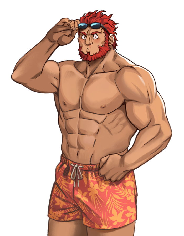 1boy, abs, bara, beard, blood, bulge, commission, cowboy_shot