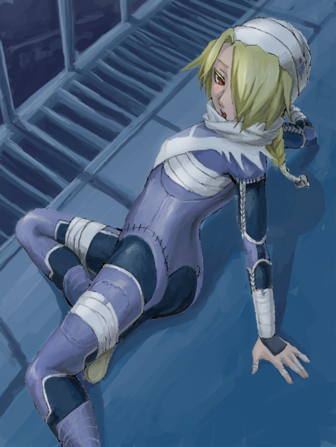1girl, androgynous, ass, bandages, blonde_hair, blush, braid, breast_bind, female_focus, goma_tonbi, long_hair, mask, metal_gear_(series), metal_gear_solid, nintendo, red_eyes, reverse_trap, sarashi, sheik, solo, super_smash_bros., surcoat, the_legend_of_zelda, the_legend_of_zelda:_ocarina_of_time
