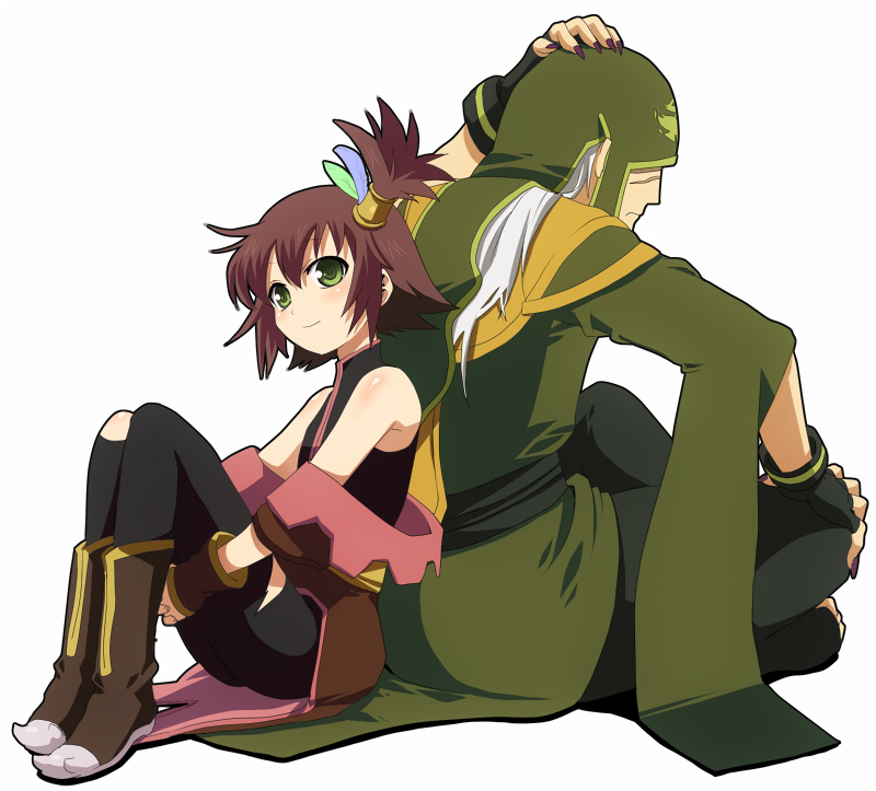 00s, 1boy, 1girl, aro, back-to-back, boots, brown_hair, gloves