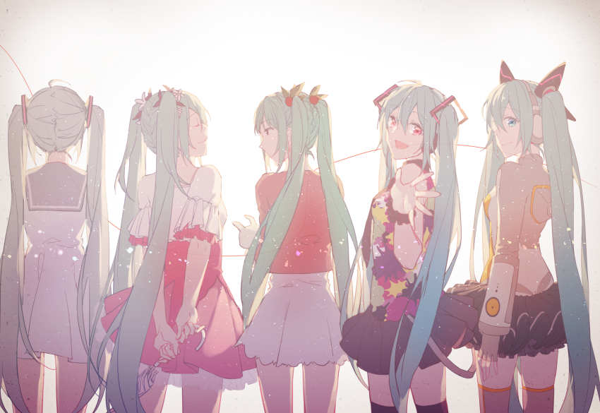 5girls, absurdly_long_hair, aqua_hair, aqua_neckwear, arms_behind_back, backlighting, black_footwear, black_skirt