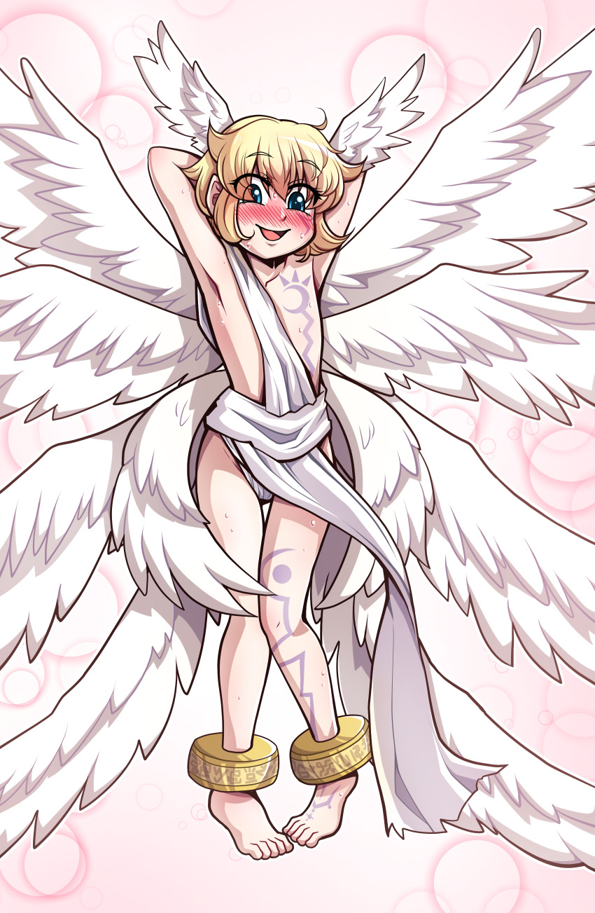 1boy, absurdres, angel, anklet, arms_behind_head, barefoot, blonde_hair, blue_eyes