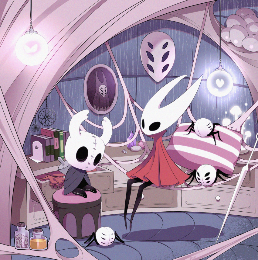 1girl, arizuka_(catacombe), book, bottle, bug, character_doll, cloak, commentary, doll, full_body, grey_cloak, herrah_(hollow_knight), highres, hollow_eyes, hollow_knight, hornet_(hollow_knight), horns, indoors, knight_(hollow_knight), lamp, lantern, mask, nail_(hollow_knight), needle, needle_(hollow_knight), pillow, rain, red_cloak, silk, sitting, sleeping, spider, spider_web, stuffed_toy, weapon, weaverling_(hollow_knight), window