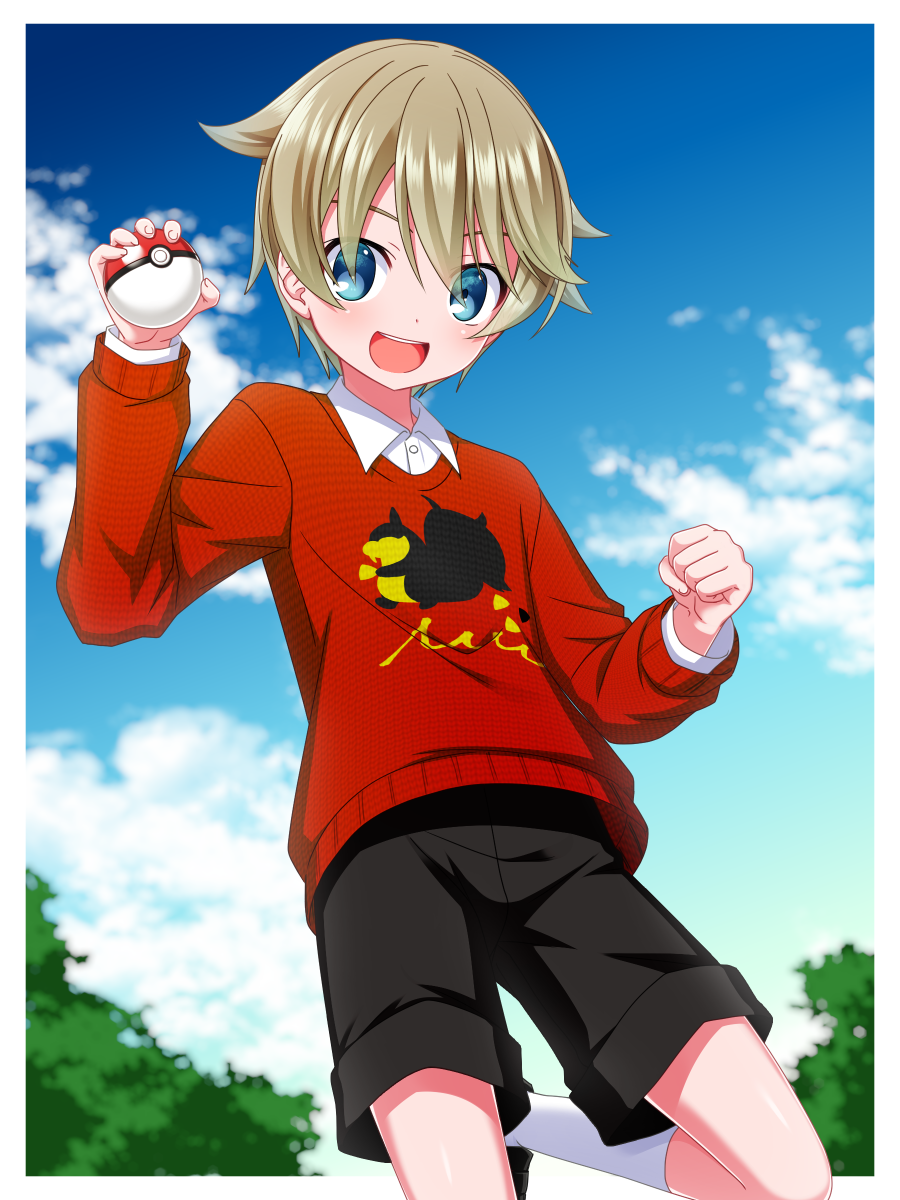 1boy, blue_eyes, blue_sky, blush, child, cloud, hair_between_eyes, highres