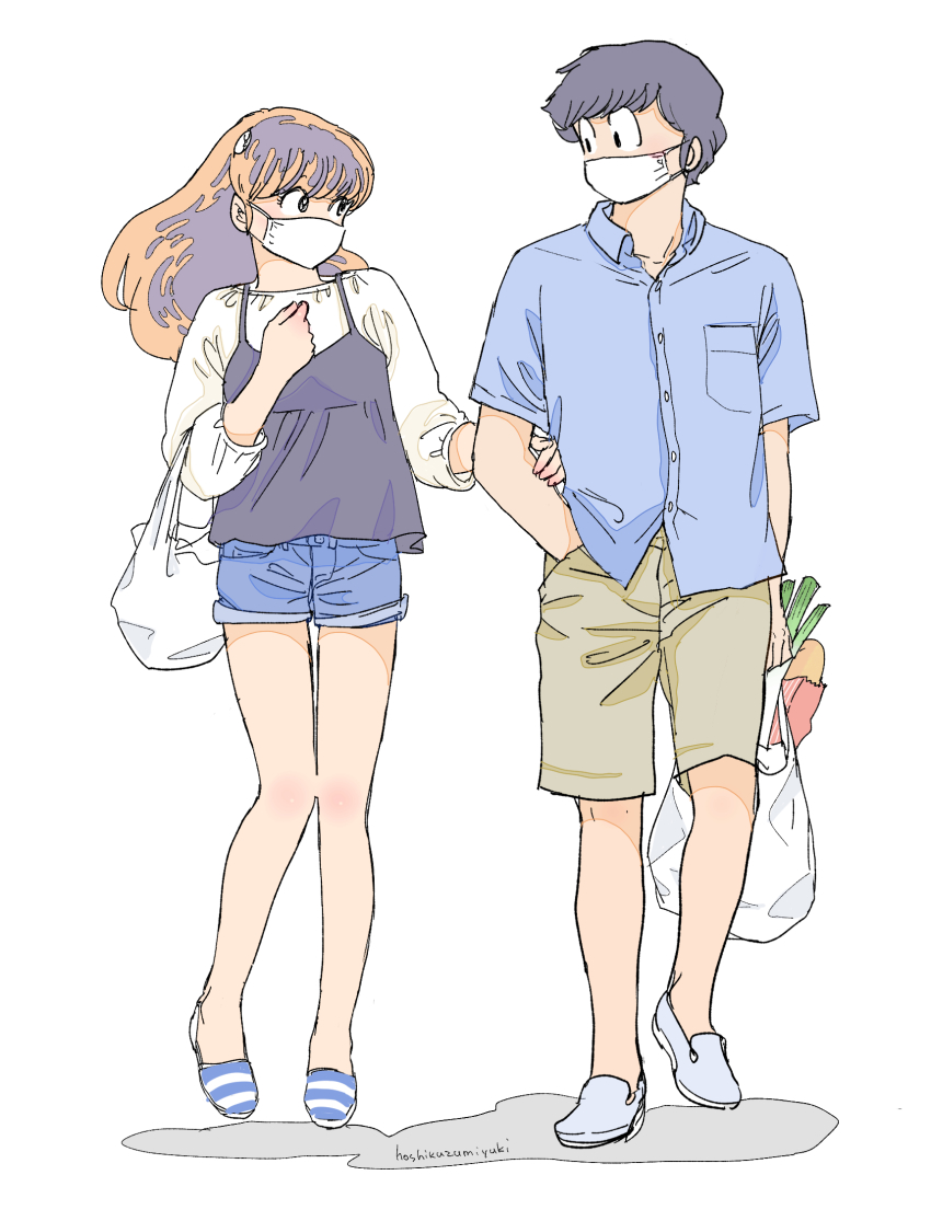 1boy, 1girl, alternate_hair_color, arm_grab, bag, black_hair, brown_hair, coronavirus_pandemic, denim, denim_shorts, groceries, grocery_bag, highres, loafers, long_hair, lum, mask, miyuki_(hoshikuzumiyuki), moroboshi_ataru, mouth_mask, shoes, shopping_bag, shorts, urusei_yatsura, white_background