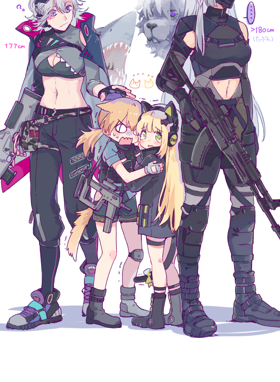 4girls, abs, ak-15, ak-15_(girls'_frontline), animal_ear_headphones, animal_ears, assault_rifle, boots, breasts, bushman_ltd., cape, cat_ear_headphones, cat_ears, cat_girl, cat_tail, cleavage, fake_animal_ears, fingerless_gloves, girls'_frontline, gloves, gun, h&amp;k_sl8, handgun, headphones, height_difference, highres, hug, idw_(girls'_frontline), idw_(mod3)_(girls'_frontline), imoko_(imonatsuki), kalashnikov_rifle, machine_gun, machine_pistol, mod3_(girls'_frontline), multiple_girls, navel, pants, parker-hale, parker-hale_idw, parker-hale_pdw, personal_defense_weapon, pistol, prototype_design, rheinlander_instruments_corp., rifle, scared, shark, sharp_teeth, shoes, shorts, sl8_(girls'_frontline), sneakers, sniper_rifle, b&amp;t_mp9, submachine_gun, tail, teeth, tmp_(girls'_frontline), trigger_discipline, wavy_mouth, weapon, wolf